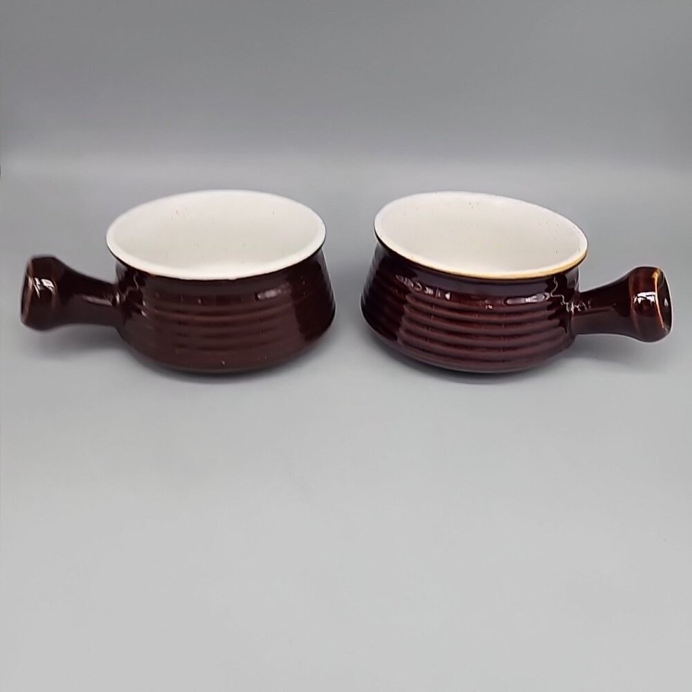 2 Vintage Brown Ceramic Handled Soup Bowls Ribbed
